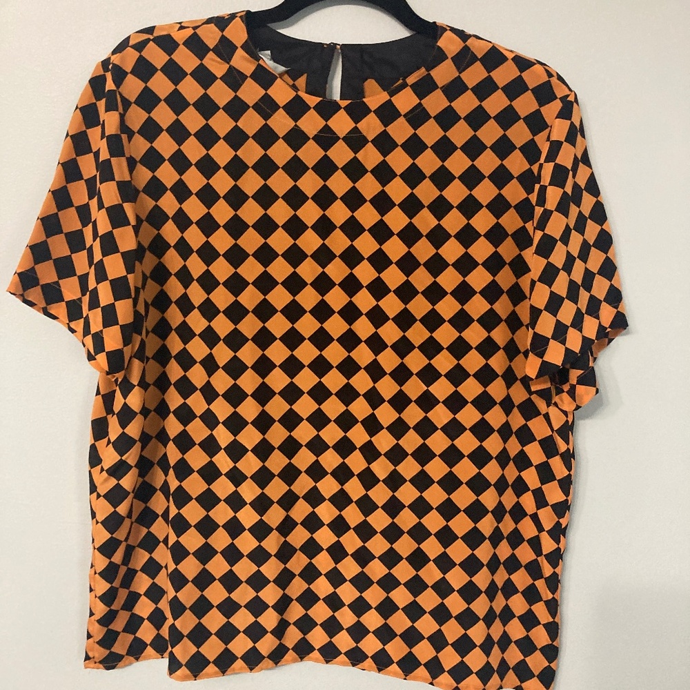 Black and Orange 100% Silk Blouse Size Large SLB by Sunny Leigh Halloween Spooky